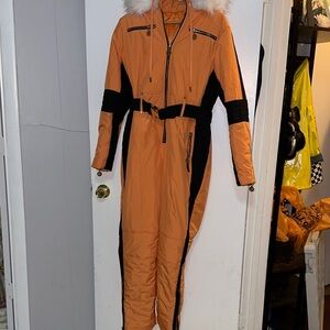 Women's Orange and Black Ski Jumpsuit with Fur Trim